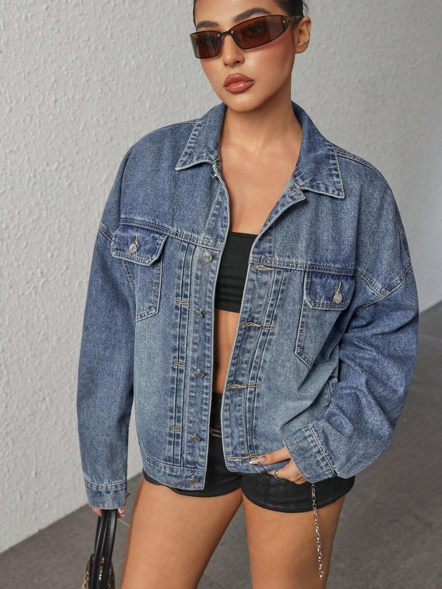 Rivivi 休闲水洗落肩宽松牛仔夹克，秋季 - 中等水洗藍 - 查看 1