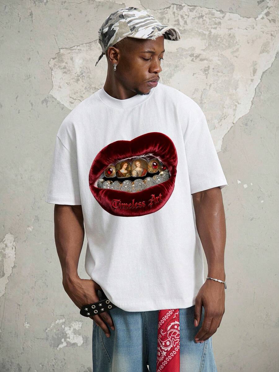 Manfinity ZONE917 Oversized White Cotton T-Shirt With Street Style Red Silk, Red Lips, Gemstone, Teeth, And Virgin Mary Graphic (Wide Sleeves, Collar, And Hem)