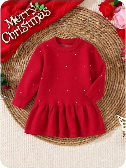 Baby Girls Polka Dot Knitted Sweater Dress, Cute Casual Red, Soft & Comfortable, Suitable For Daily Wear, Outings, Travel, Vacation, Home, Daycare, And Children's Play Winter Christmas Halloween Toddler Cardigan Sweater Autumn Fall Jumpers Sweaters Tops Dress Dresses Christmas Jumper Cozy Pixies Prepcrw Christmas Outfit Halloween  New Born Toddler  Fall Winter Dress Halloween  Romper Stuff Halloween Jumper Jumper Cardigans Shirts White Cardigan Clean Downtown Off The Shoulder Sweater Outfit Sets Pink Sweater Jacket Cute Fall Outfits Outfits Top Maija Christmas Dress  Toddler Fall Dark Purple Skirt Christmas Sweater  Fall Sweaters Unisex White Sweater Vest Skirt Sets