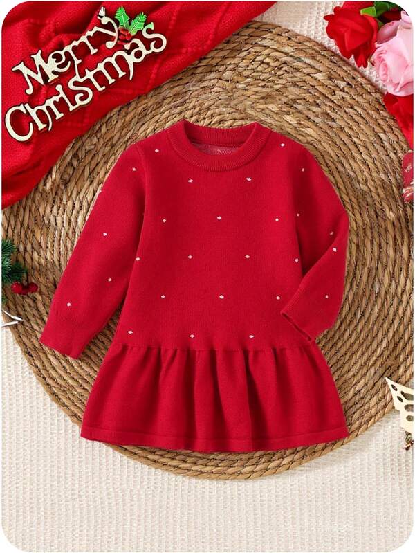 Vestido de suéter de punto a lunares para niñas bebé, lindo y casual en rojo, suave y cómodo, adecuado para uso diario, salidas, viajes, vacaciones, hogar, guardería y juego de niños