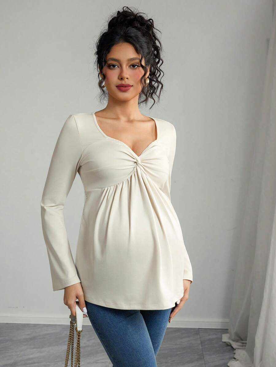 Momance Maternity Long Sleeve T-Shirt With Heart Neckline And Twist Front Design, A-Line Hem - Apricot - View 1