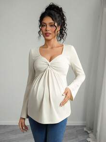 Momance Maternity Long Sleeve T-Shirt With Heart Neckline And Twist Front Design, A-Line Hem - Apricot - View 3