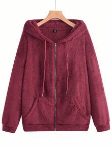 SHEIN LUNE Giacca con cappuccio casual con chiusura lampo, in colore unito, manica a goccia e maniche lunghe in pile, adatta per taglie forti, autunno/inverno. Felpe con cappuccio da donna taglie forti, felpa con cappuccio rossa con chiusura lampo, giacche con cappuccio casual per donne - Bordò - Visualizzare 1