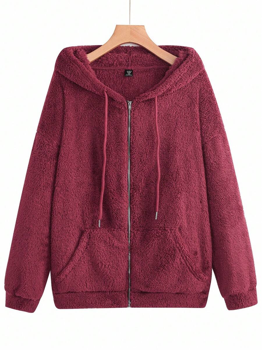 SHEIN LUNE Giacca con cappuccio casual con chiusura lampo, in colore unito, manica a goccia e maniche lunghe in pile, adatta per taglie forti, autunno/inverno. Felpe con cappuccio da donna taglie forti, felpa con cappuccio rossa con chiusura lampo, giacche con cappuccio casual per donne - Bordò - Visualizzare 1