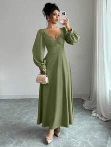 Elenzga Women's Elegant Square Neck Puff Sleeve Waist Cinched Maxi Dress, Suitable For Daily Commute - Green - View 5