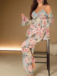 Anewsta Conjunto de Camisole e Roupão de Dormir com Estampa Floral da Moda e Cadarço para Mulheres - Multicolorido - Visão 6