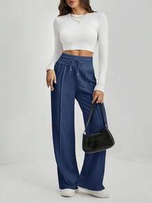 SHEIN Tall Solid Drawstring Waist Wide Leg Sweatpants - Navy Blue - View 5