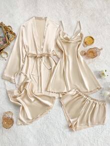 SHEIN SilkySpell Plunging Neck Cami Dress, Camisole Top, Shorts, And Robe Sleepwear Set Satin Sleepwear Set Lingerie Robe Set Lingerie Sleep Set, Fall Winter Clothes