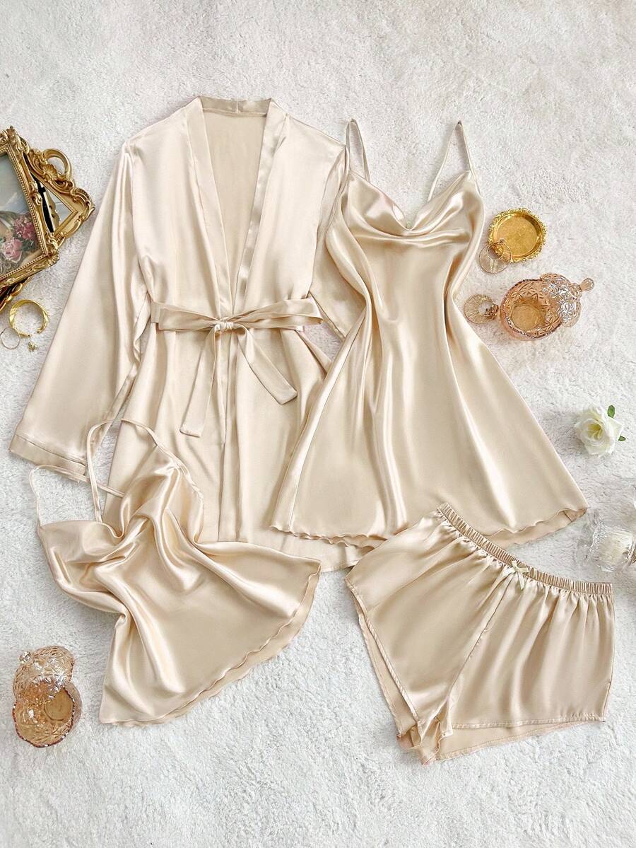 SHEIN SilkySpell Plunging Neck Cami Dress, Camisole Top, Shorts, And Robe Sleepwear Set Satin Sleepwear Set Lingerie Robe Set Lingerie Sleep Set, Fall Winter Clothes