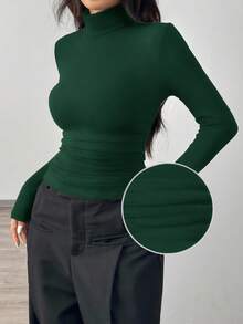 SHEIN EZwear Olive Green Plus Size Women High Neck Long Sleeve Ruched Fitted T-Shirt/Winter - Dark Green - View 6