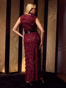 MOTF Soiréza WOMEN'S DEEP V-NECK SEQUIN FRINGE ELEGANT DRESS - Burgundy - View 4