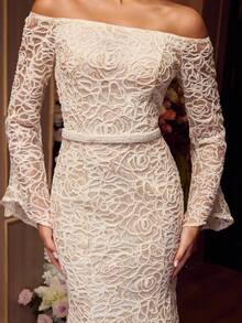 MOTF Soiréza ELEGANT FLORAL JACQUARD TEXTURED OFF SHOULDER FLARE SLEEVE FISHTAIL DRESS, SUITABLE FOR FORMAL OCCASIONS, PARTIES, GALAS - Apricot - View 3