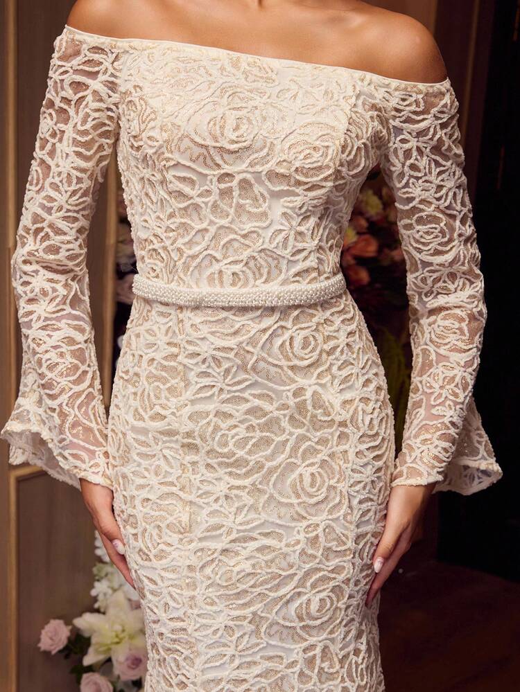 MOTF Soiréza 우아한 플로럴 자카드 텍스처 오프 숄더 플레어 슬리브 피쉬테일 드레스, 공식적인 행사, 파티, 갈라에 적합