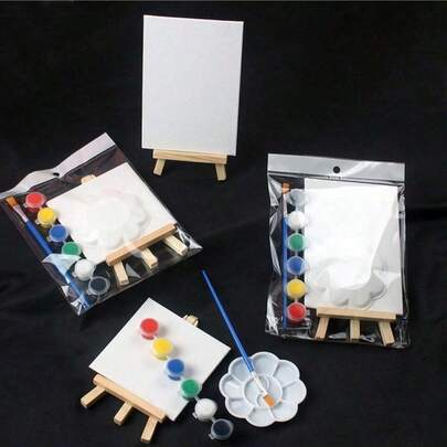 Mini Canvas Painting Set, Including Palette, Brushes, Canvas Boards And Easel. Suitable For Oil, Acrylic, Acrylic Watercolor, Watercolor And Other Paints, Easy To Color And Non-Bleeding. Suitable For Personal Art Painting, Parent-Child Interaction, Couples' Game, Beginners And Artists' Painting. The Easel, Palette And Brushes Are Reusable, Party Painting Kit,School Supplies,Back To School