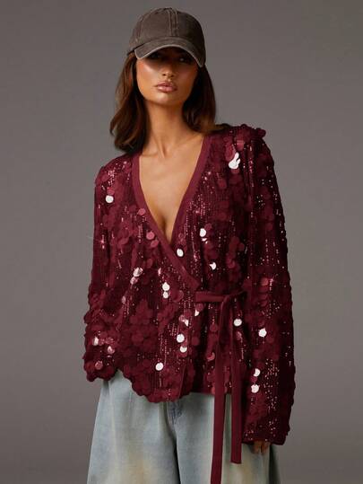 Athîral 女士酒红色深V领亮片裹身衬衫，采用华丽亮片网纱面料，宽松裹身版型，深V领设计，长袖，复古浪漫风格，性感优雅，适合夜店、酒吧、生日派对、下午茶、姐妹聚会以及春秋季日常穿着，亮片上衣，装饰上衣，圣诞节，红色上衣