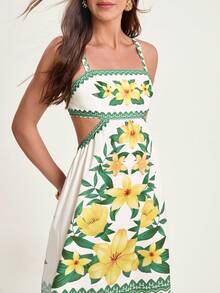 CAJUNI Women's Floral Print Backless Sexy Spaghetti Strap Vacation Dress