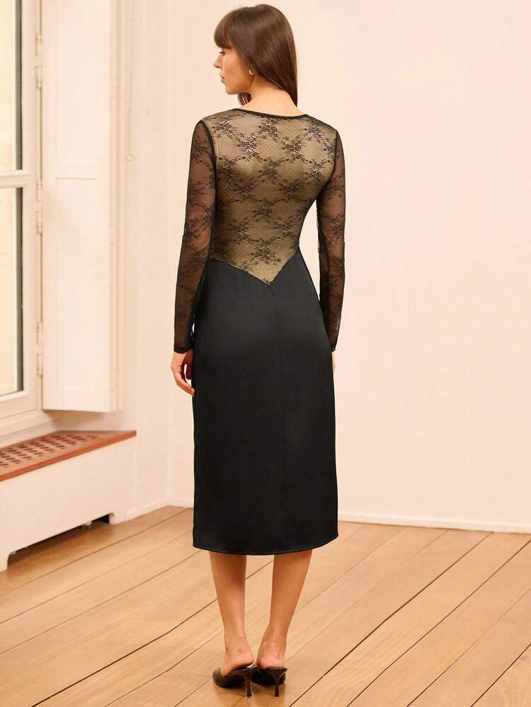Midi Dress With Lace Top, Plunging Neckline And Velvet Skirt Office Dress Business Casual Dress Long Sleeve Dresses Woman Elegant Midi Dress Medium Length Dress Party Dress Date Night Dress  New Year Party Outfits French Style Parisian Style