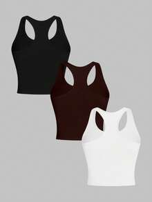 INAWLY Women's Casual Solid Color Racerback Fitted Tank Top - Multicolor - View 2