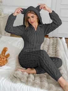 SHEIN Women's Animal Hooded Teddy Bear Embroidery Jacquard Plush Fluffy Pajamas Jumpsuit, Winter, Cozy - Grey - View 5