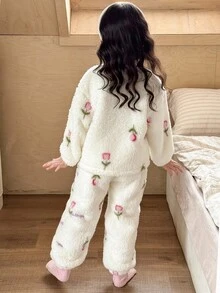 SHEIN 年轻女孩休闲碎花毛绒长袖上衣和裤子套装 - 白色 - 查看 2