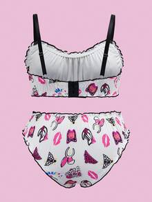 Mean Girls | SHEIN 大码全身印花褶饰吊带背心文胸和内裤套装 - 白色 - 查看 6