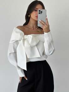 Firerie 女士优雅精致浪漫露肩蝴蝶结长袖衬衫，适合通勤、街头风和都市时尚，秋冬季圣诞节新年女装 - 白色 - 查看 5