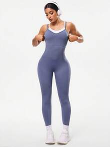 Seamluxe SHEIN Sport 女式纯色交叉后背无缝连体裤 - 灰色 - 查看 3