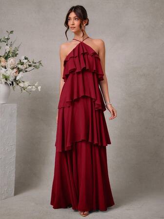 L'Amorae Elegant Romantic Wedding Guest Solid Halter Tiered Chiffon Maxi Dress