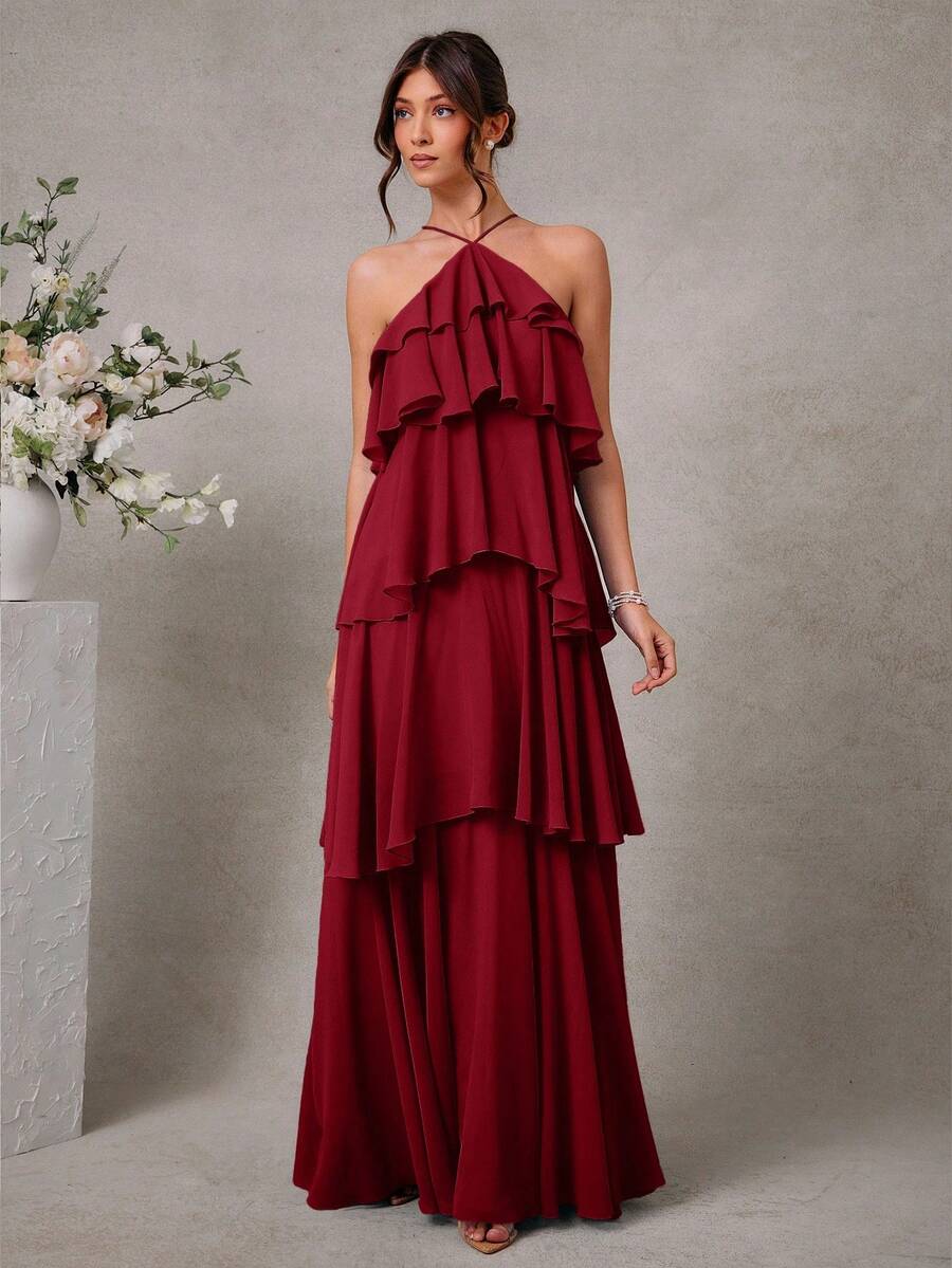 L'Amorae 优雅浪漫婚礼宾客纯色露背分层雪纺长裙 - 酒紅色 - 查看 1