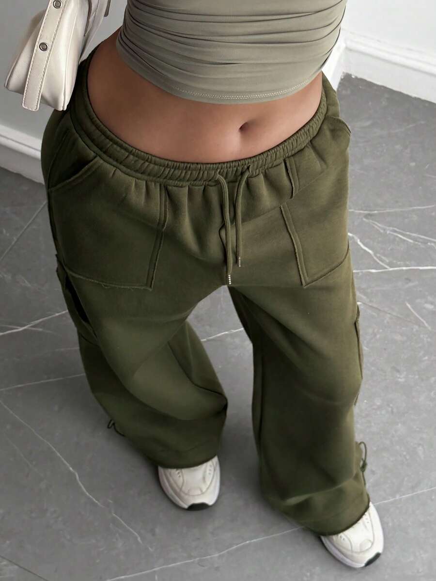 DAZY Women's Loose Fit Casual Pants With Large Pockets, Autumn - Dark Green - View 1