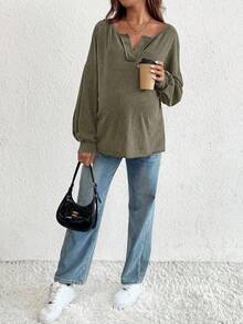 SHEIN Pregnant Women's Casual Notch Neck Drop Shoulder Sweatshirt, Autumn Cotton Tops Cotton Blouses Casual Tops Maternity Shirts For Women Comfy Tops