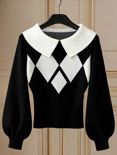 Franclia Retro Collegiate Style Black & White Argyle Knit Sweater For Women