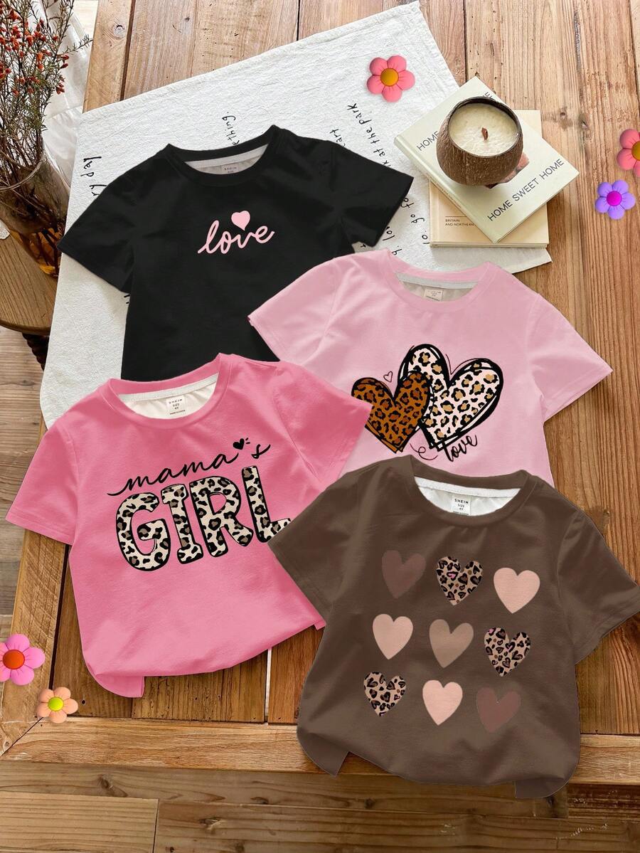 SHEIN 4 件年轻女孩休闲极简主义玫瑰、复古豹纹、心形、字母“Mama's Girl”图案圆领短袖 T 恤,适合春夏季 - 彩色 - 查看 1