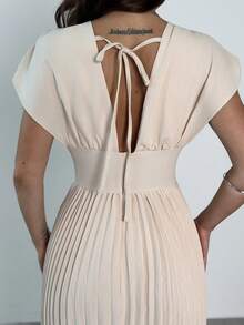 Firerie 女士优雅休闲新款时尚通勤日常 V 领纽扣高腰 A 字褶皱杏色长裙，夏季 - 杏色 - 查看 9