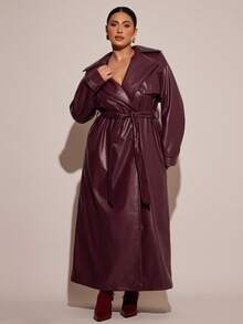 SHEIN BAE Plus Size Fashionable PU Leather Notched Collar Double-Breasted Windbreaker, Autumn, Winter , Winter For Women Curve, Autumn , Fall For Women Curve, Halloween Costumes, Christmas Women's , New Year For Women Curve, Thanksgiving For Women Curve, PU Leather Windbreaker Long Windbreaker Windproof Cold-Proof Warm