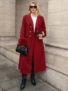 Juhart 圣诞节加大码女式纯色翻领长袖双排扣口袋优雅冬装外套，中长款收腰高档夹克 - 酒紅色 - 查看 8