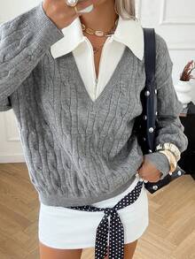 Livesso Maglione oversize da donna casual e business, con blocchi di colore e texture a patchwork, adatto per l'autunno e l'inverno - Grigio - Visualizzare 1