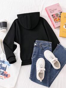 女童可爱甜美花卉蝴蝶结印花双层拉链口袋宽松夹克，休闲百搭，秋冬 - 黑色 - 查看 2