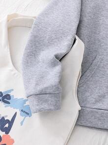 女童可爱甜美花卉蝴蝶结印花双层拉链口袋宽松夹克，休闲百搭，秋冬 - 灰色 - 查看 6