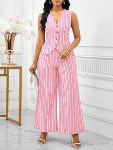 SHEIN Lady Bộ đồ 2 món dành cho nữ cỡ lớn, gồm áo kẻ sọc một hàng cúc và quần ống rộng, kiểu dáng thường ngày. - Hồng - Xem 8