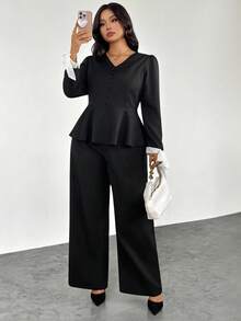 Firerie 大码女式两件套 - 优雅蝴蝶结装饰撞色腰喇叭衬衫上衣和宽松长裤，休闲度假装，春秋季 - 黑色 - 查看 4