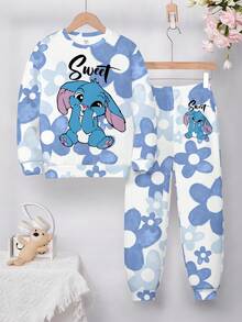 SHEIN Leap Crew Bộ 2 món/Bộ đồ liền thân dài tay cổ tròn in họa tiết thỏ và hoa cho bé gái tuổi teen, dáng rộng thoải mái, phù hợp cho mùa thu/đông, thoải mái khi mặc đi chơi, đi học, thể thao, ngoài trời, dạo phố - Nhiều màu - Xem 2
