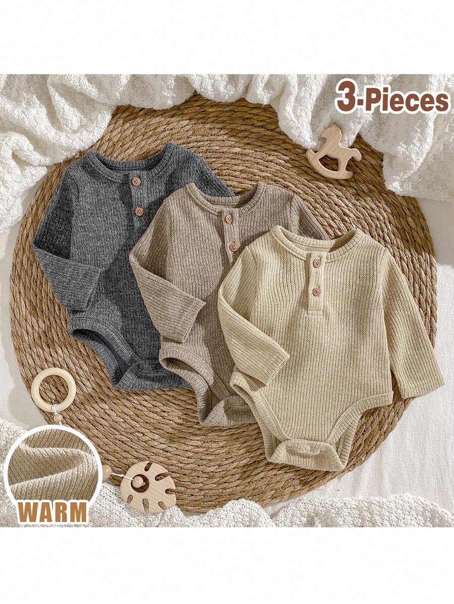 Loomiva 3pcs Newborn Baby Boy/Girl Solid Color Soft Knit Crew Neck Long Sleeve Bodysuit Set - Multicolor - View 1