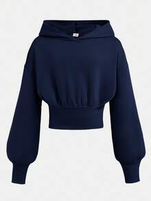 SHEIN Girlism Tween Girls Casual Street Style Cropped Hoodie, High Waist Long Sleeve Versatile Minimalist Solid Color Sweatshirt, Back To School Outfit Autumn Winter Clothes For Women Navy Blue Hoodie Cotton Hoodie Drop Shoulder Hoodie Hoodie Plain Color