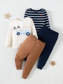 Conjunto de 4 piezas de ropa casual para bebé niño, que incluye top de manga larga y pantalones pijama body - Multicolor - Ver 7
