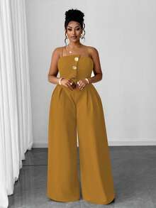 Maweii Bộ đồ liền thân ống rộng thanh lịch màu trơn dành cho nữ cỡ lớn có nút kim loại - Màu vàng - Xem 4