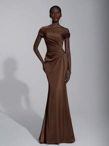 Elitara 优雅奢华缎面褶饰露肩美人鱼裙，适合婚礼、派对、度假、庆典、伴娘礼服 - 咖啡棕 - 查看 6