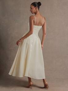 L'Amorae Jacquard Satin Mixed Media Contrast Midi Length Dress Wedding Birthday Graduation - Apricot - View 2