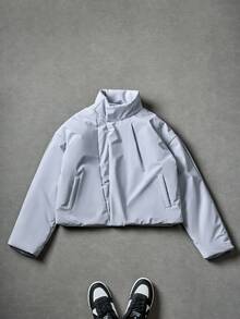 Manfinity EMRG 男士纯色宽松拉链夹克，高领设计，简约时尚，适合日常穿着和外出，送给朋友、男朋友、冬季外套的礼物 - 灰色 - 查看 1