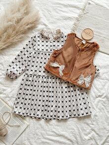 SHEIN 2pcs/Set Young Girl Furry Sleeveless Bow Vest And Digital Print Bow Long Sleeve Short Dress Outfit - Multicolor - View 3
